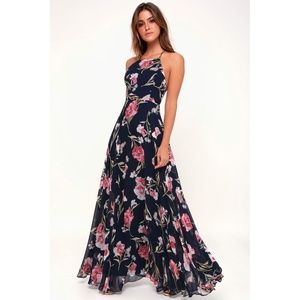 Lulus Aubree Navy Blue Floral Lace-Up Maxi Dress